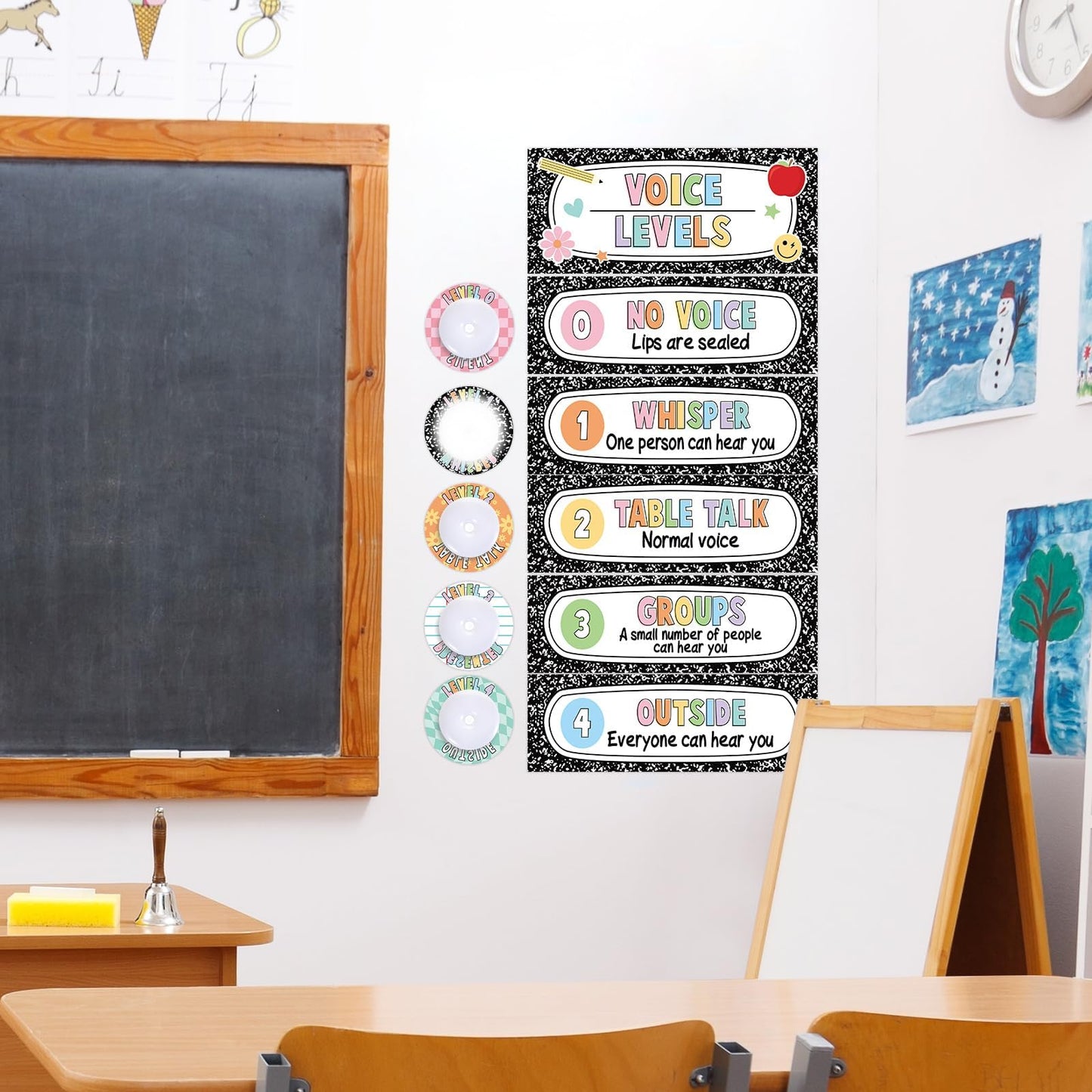 5 Pcs School Push Light and Voice Level Poster Voice Level Chart Monitor Rules Sign LED Tap Light Classroom Rules Poster Noise Chart Classroom Management Tools for Teachers Kids(Composition Style)
