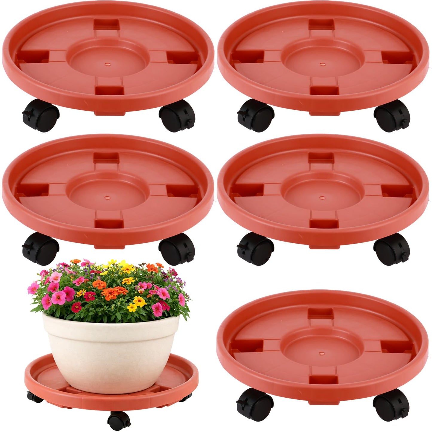 5-pack 11.8" Large Plant Caddy with Wheels Plastic Plant Dolly with Caster Flower Pot Mover Rollers Wheeled Rolling Plant Stands Round Plant Saucer Indoor Outdoor Base Coasters,Terracotta red