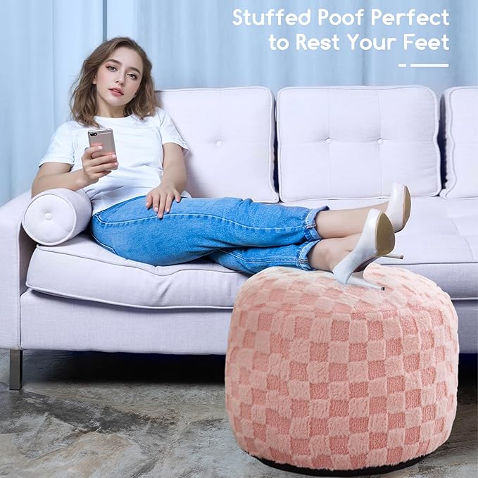 HIGOGOGO Round Stuffed Pouf Ottoman, Plaid Poufs