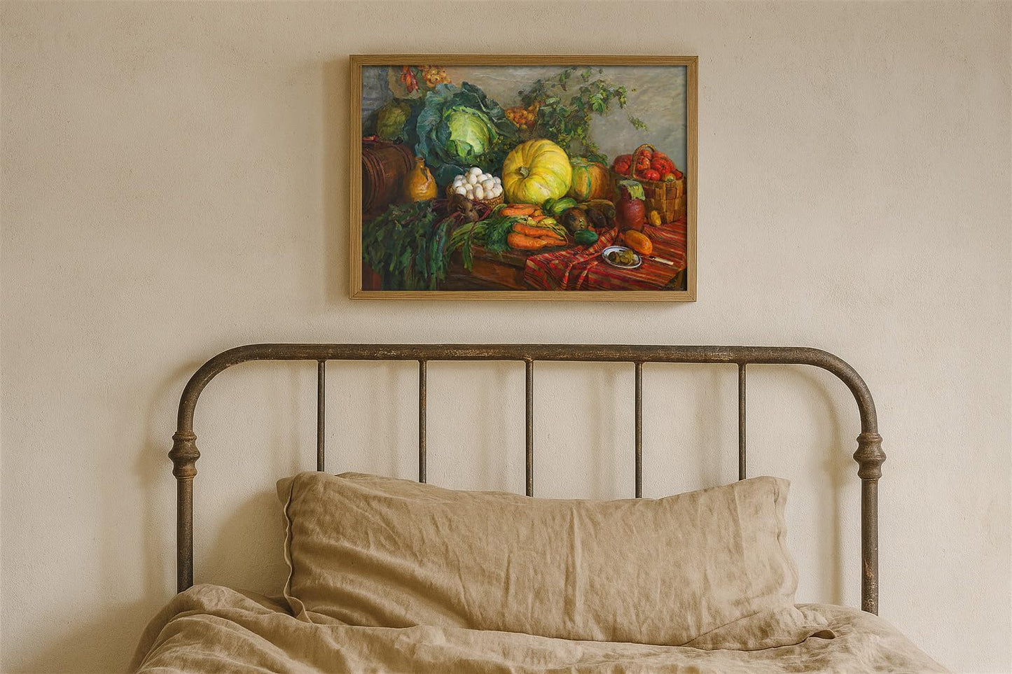 Rustic Harvest Still Life Wall Art Vintage Oil Painting Reproduction with Pumpkin, Cabbage, Carrots & Basket for kitchens, dining rooms, farmhouse cabins, restaurants, or rustic cafés that embrace a vintage countryside theme (12" x 18"-UNFRAMED)