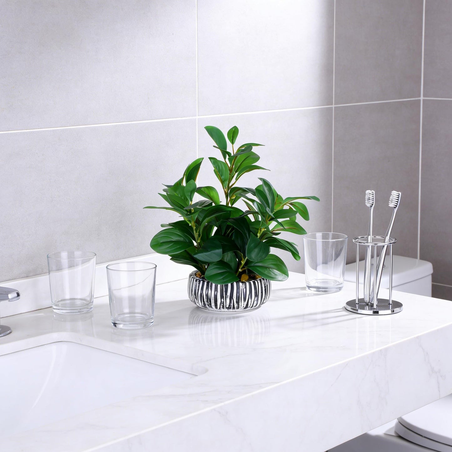 NASAMA Realistic Artificial Potted Plant, Faux Indoor Greenery for Home Office Living Room Bookshelf Bathroom Decor, Low-Maintenance Space-Saving Fake Plants with Modern Decorative Vase
