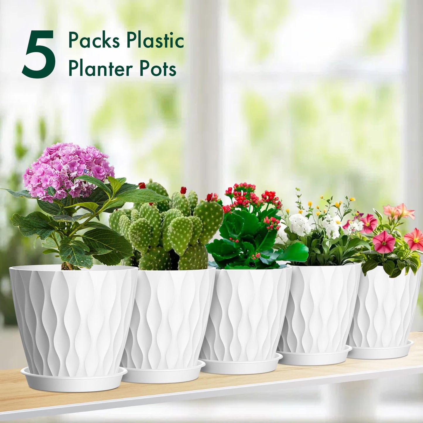 Meowell 6 inch Flower Pots, 5 Pack Plant Pots for Indoor Outdoor Plants, Water Ripples Plastic Planters with Drainage Holes and Saucers, Nursery Pots for Small Succulent Garden House Plants, White
