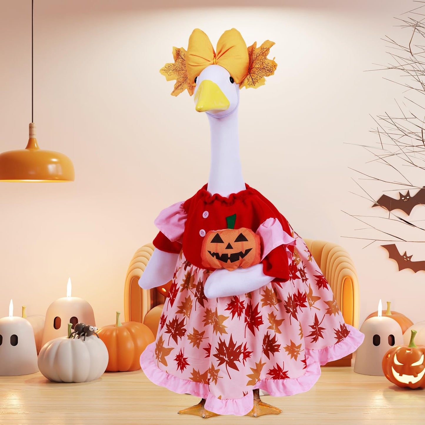 AZYM Fall Porch Goose Outfits,3 Pcs/Set Halloween Pumpkin Maple Leaf Yard Goose Statue Clothes for 23" Statue Patio Lawn Garden Thankgiving Day Decoration