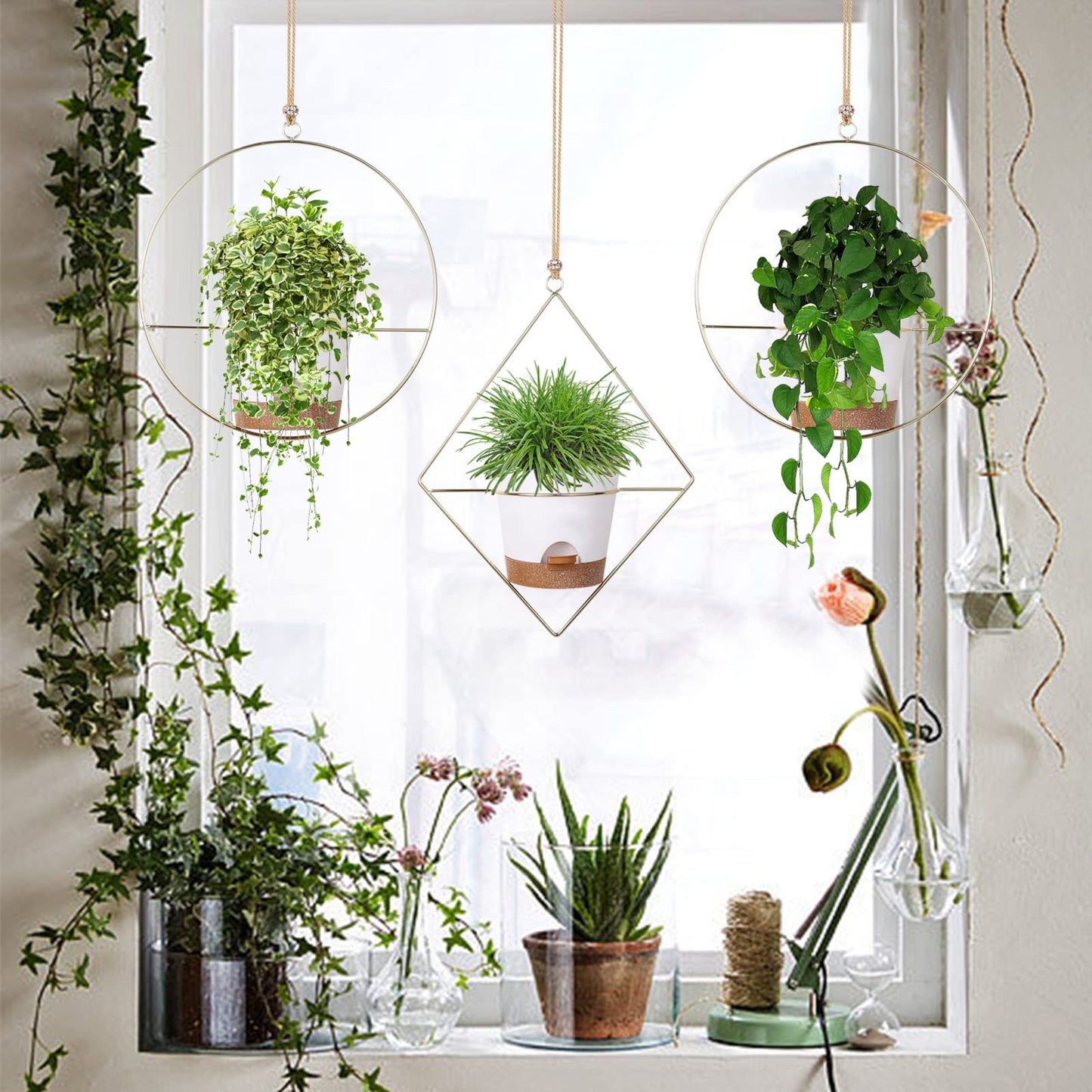Superb Symbols 3 Pack Boho Hanging Planter with Metal Plant Hanger & Self Watering Plant Pots for Indoor Outdoor Wall Window
