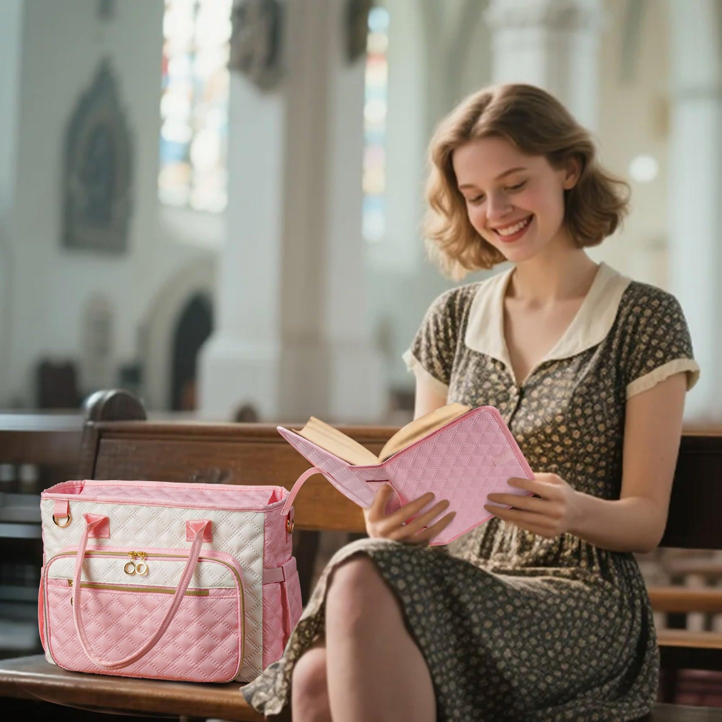 Large Bible Bag with Bible Cover Case for Women,Church Tote Bag Travel Bag Diaper Bag with Shoulder Strap for Teachers, Nurses, Moms, Bible Lovers (Pink)