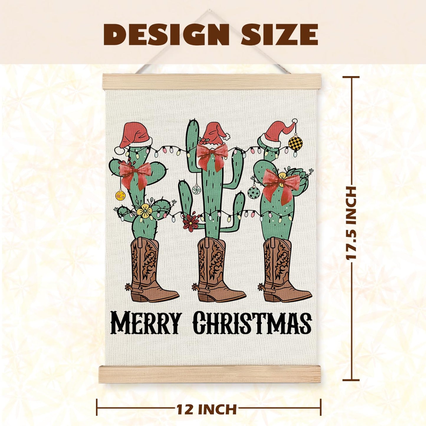 Western Christmas Wall Decor, Christmas Red Bow Cactus Cowboy Boots Wall Art With Wooden Poster Hanger, Christmas Wall Decoration, Western Christmas Wall Art Decor for Home Office, 12x16 Inch