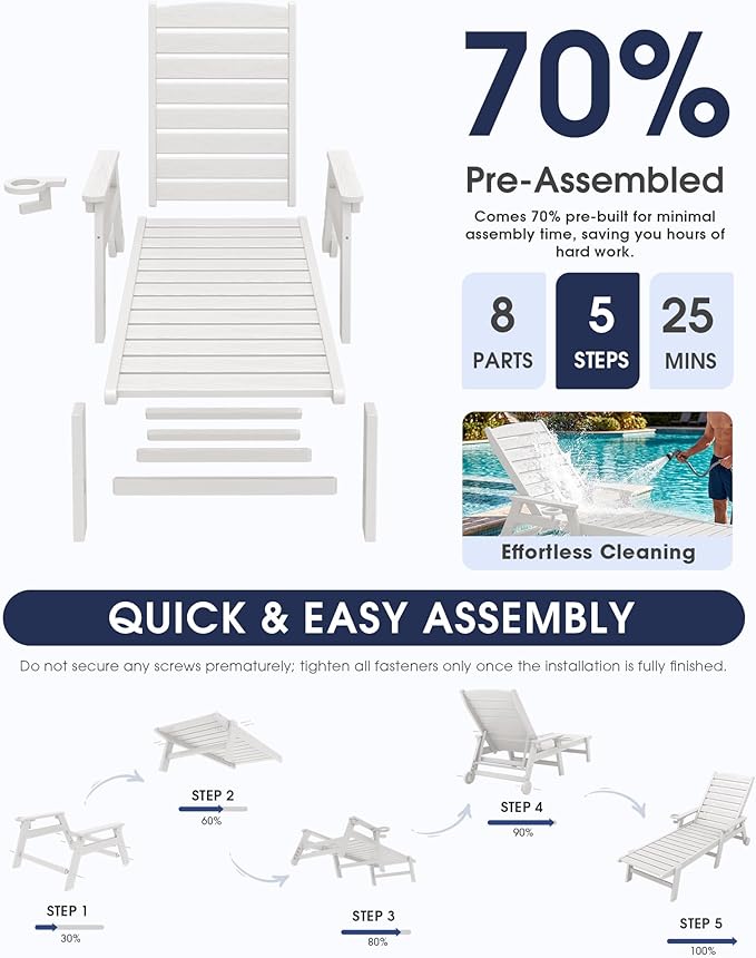 KINGYES HDPE Lounge Chair Outdoor, Patio Chaise Lounge Recliner
