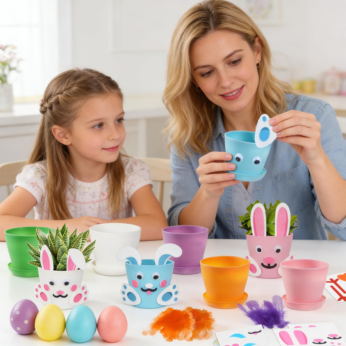 HFYZZ 24 Sets Easter DIY Flower Pots Crafts Kit Include Spring Bunny, and Little Chick Felt Sticker with 24 Flower Pots for Spring Easter Party Decorative Supplies
