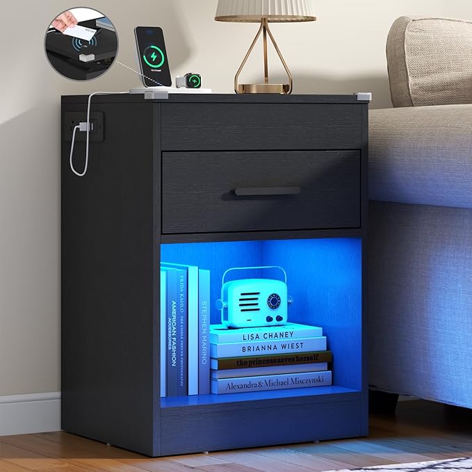 Gyfimoie Led Night Stand with Charging Station & RFID Lock Cabinet, Smart