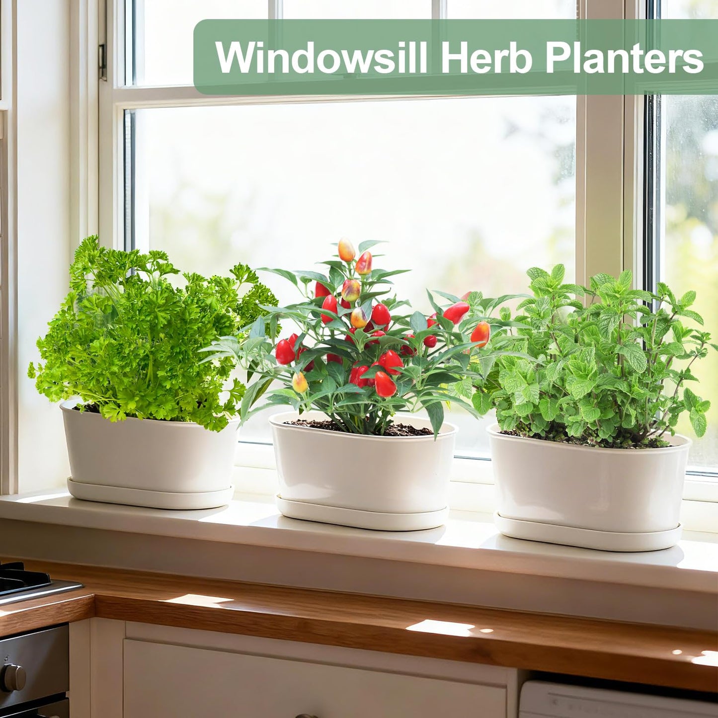 Oliz Set of 4 White Oval Window Sill Planters with Drainage Holes and Trays(7 Inch) for Herbs Basil Orchids Succulents, Modern Herb Garden Planter for Indoor/Outdoor Plants