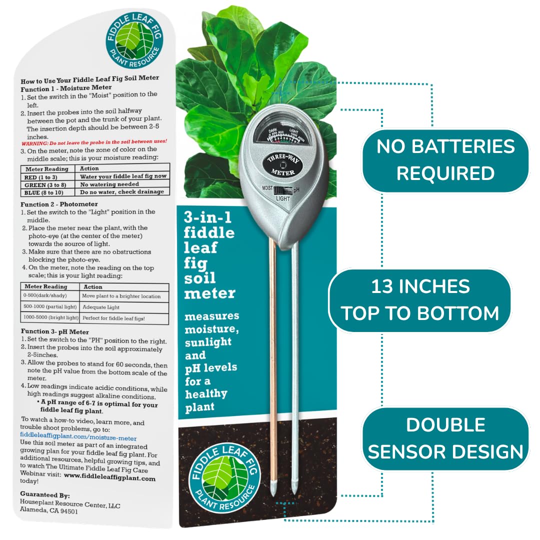 Houseplant Resource Center Fiddle Leaf Fig 3-in-1 Soil Moisture Meter for Plants – Best Indoor Plant Water Meter for Potted Houseplants - Light & Moisture Sensor Probe for Optimal Growth