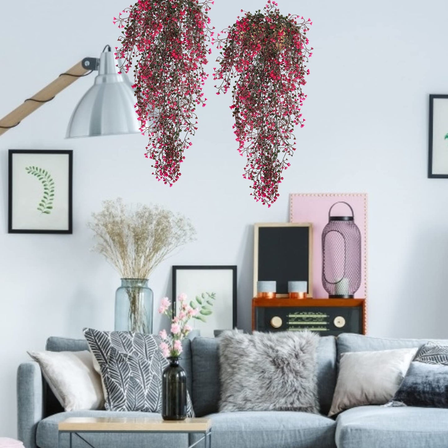 RECUTMS Hanging Fake Vine Plants 4 Pcs Artificial Large Garland Faux Flower Ferns Plant Baby Breath Ivy Room Wall Decor Home Office Garden Wedding Party Indoor Outdoor Decor (Pink)