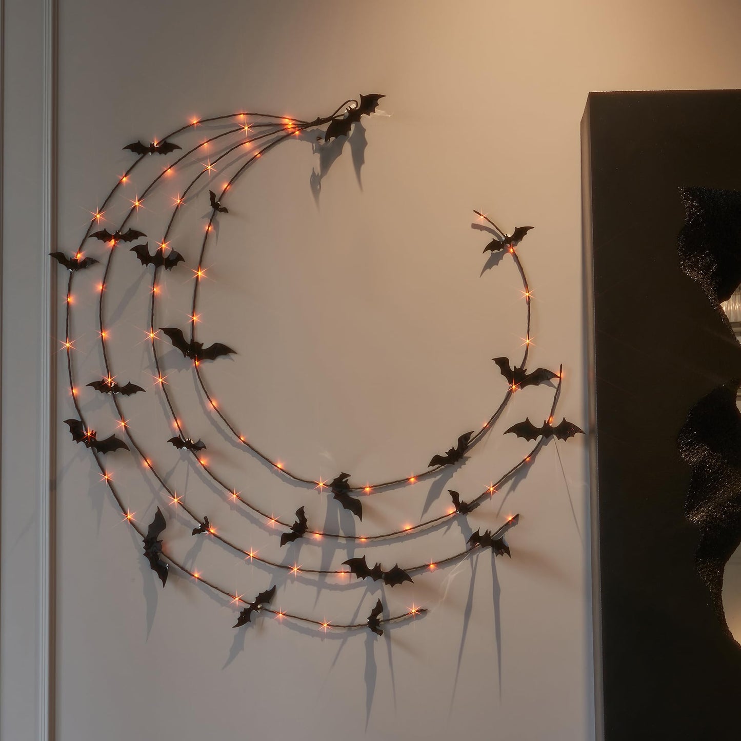 LITBLOOM Halloween Garland with Lights 6FT 80 Orange and Warm White Fairy Lights, Lighted Black Garland Battery Operated with Timer Lit Bats for Wall Porch Decoration