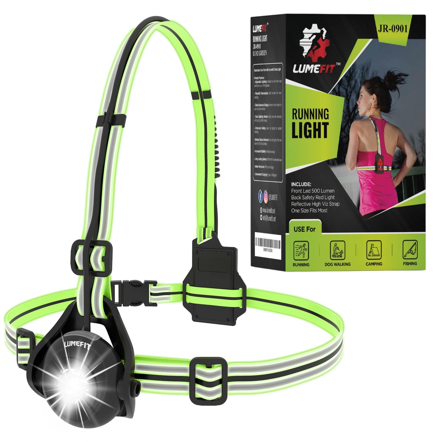 LUMEFIT Run Light Running Lights for Runners Chest LED Lamp 90Β° Adjustable Beam Angle 500 Lumen 360 Degree Reflective Band USB Rechargeable Front Body Torch Jogging Hiking