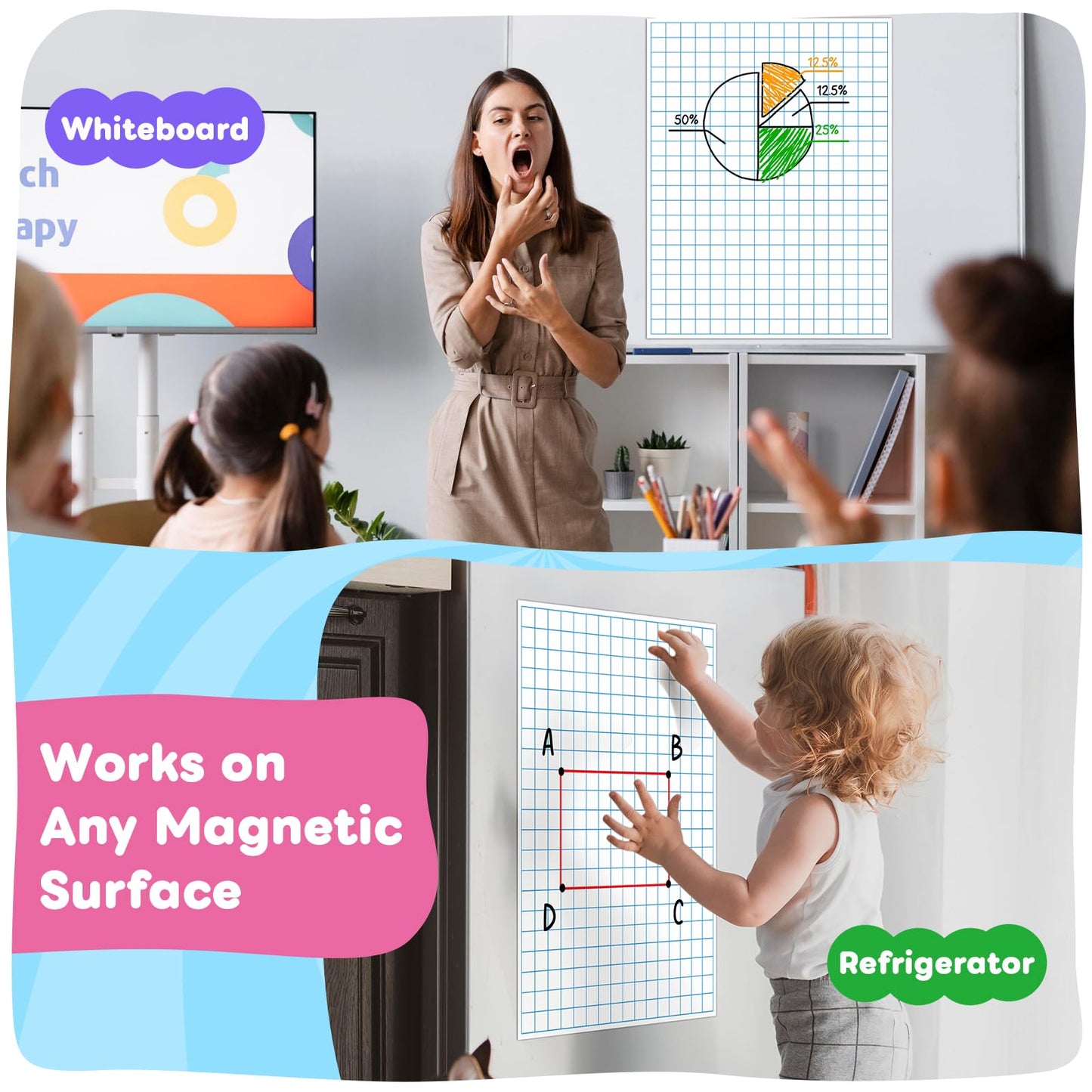 PraxiKidy Magnetic Graph Grid Paper,21.3" x 16.5" Dry Erase Chart Paper for Whiteboard Homeschool Essentials Teacher Must Haves,Math Classroom Teaching Supplies