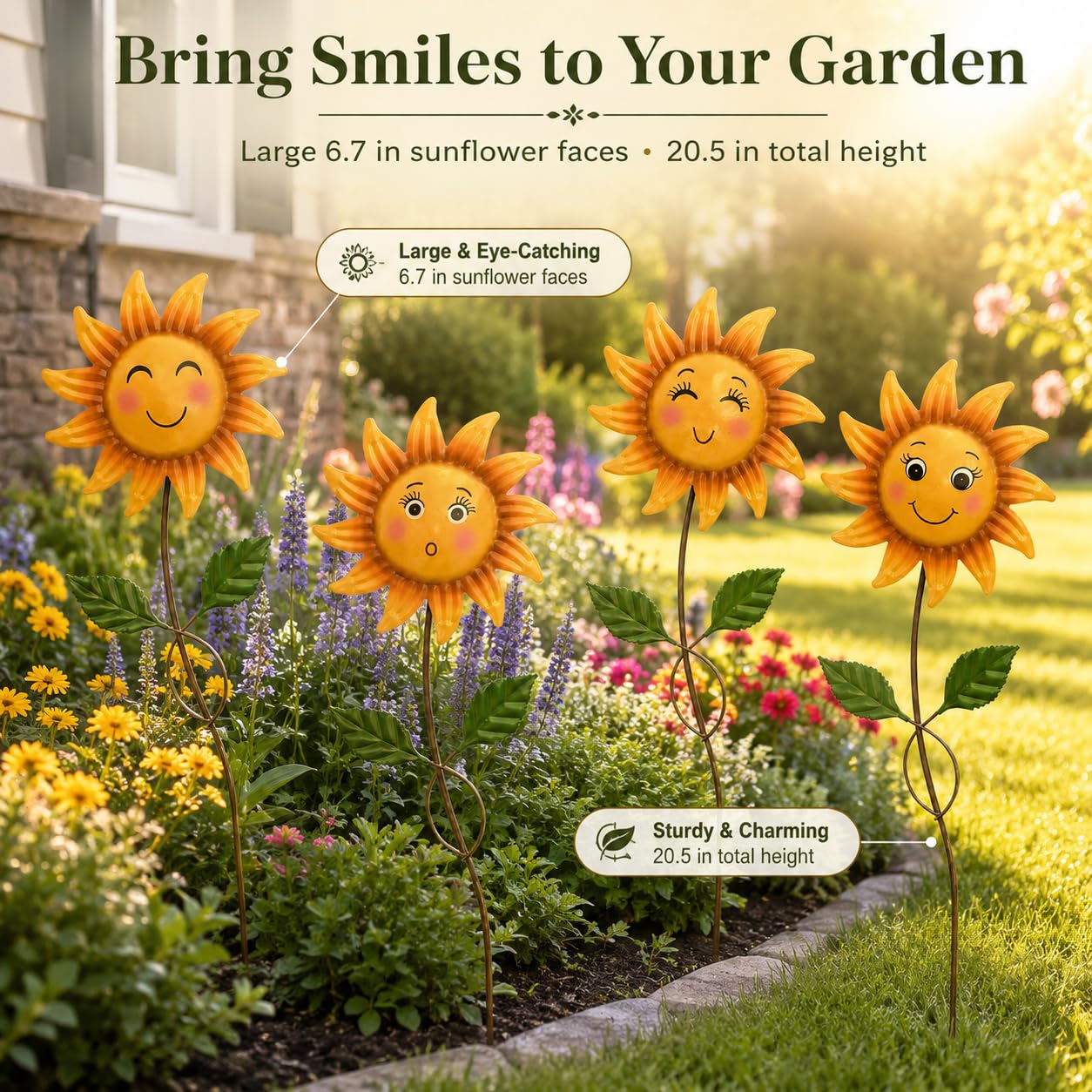 WKHOMEDECO 4 Pack Smiley Sunflower Decorative Garden Stakes, 20.5 Inch Metal Flower Garden Stakes for Outside, Yard Art Outdoor Decor for Lawn Planter Porch Patio
