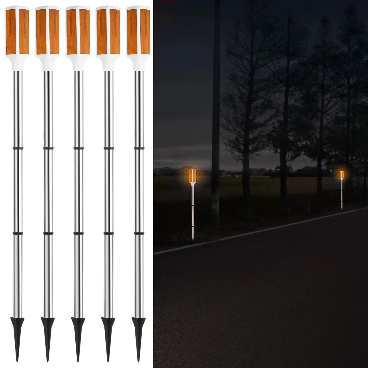 Joyibay 5 PCS Solar Powered Driveway Markers, Solar Warming Landscape Lights, Solar Outdoor Driveway Lights, Landscape Driveway Reflectors on Poles for Snow Road Yard (Orange)