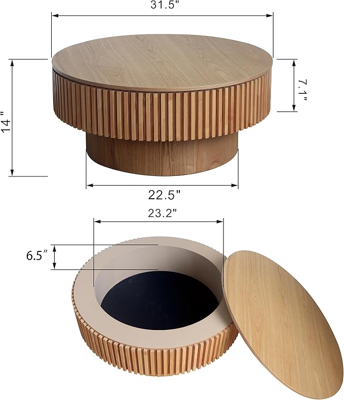 Round Fluted Coffee Table with Storage,31.5" Lift Top Center Table