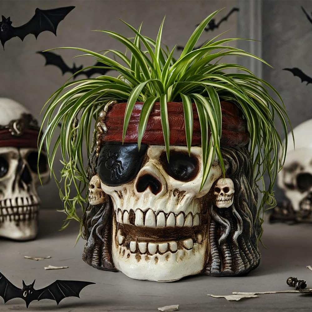 Skull Planter, Skulls Flower Pot, Skull Bowl, Skeleton Succulent Pots, Gothic Plant Pots with Drainage, Goth Statue Flower Pots, Indoor/Outdoor Pirate Figurine, Halloween Decoration, Funny Home Decor