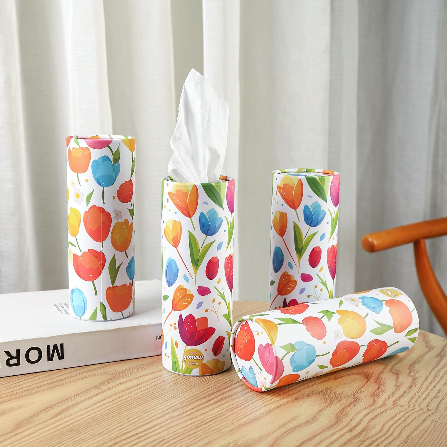 GOMEW Car Tissue Holder (4 PK) - 50 3-Ply Tissues per Cylinder, Fits Car Cup Holders, Portable Travel Tubes Box Container, Tulip Design, Round Tissue Container for Car Accessories