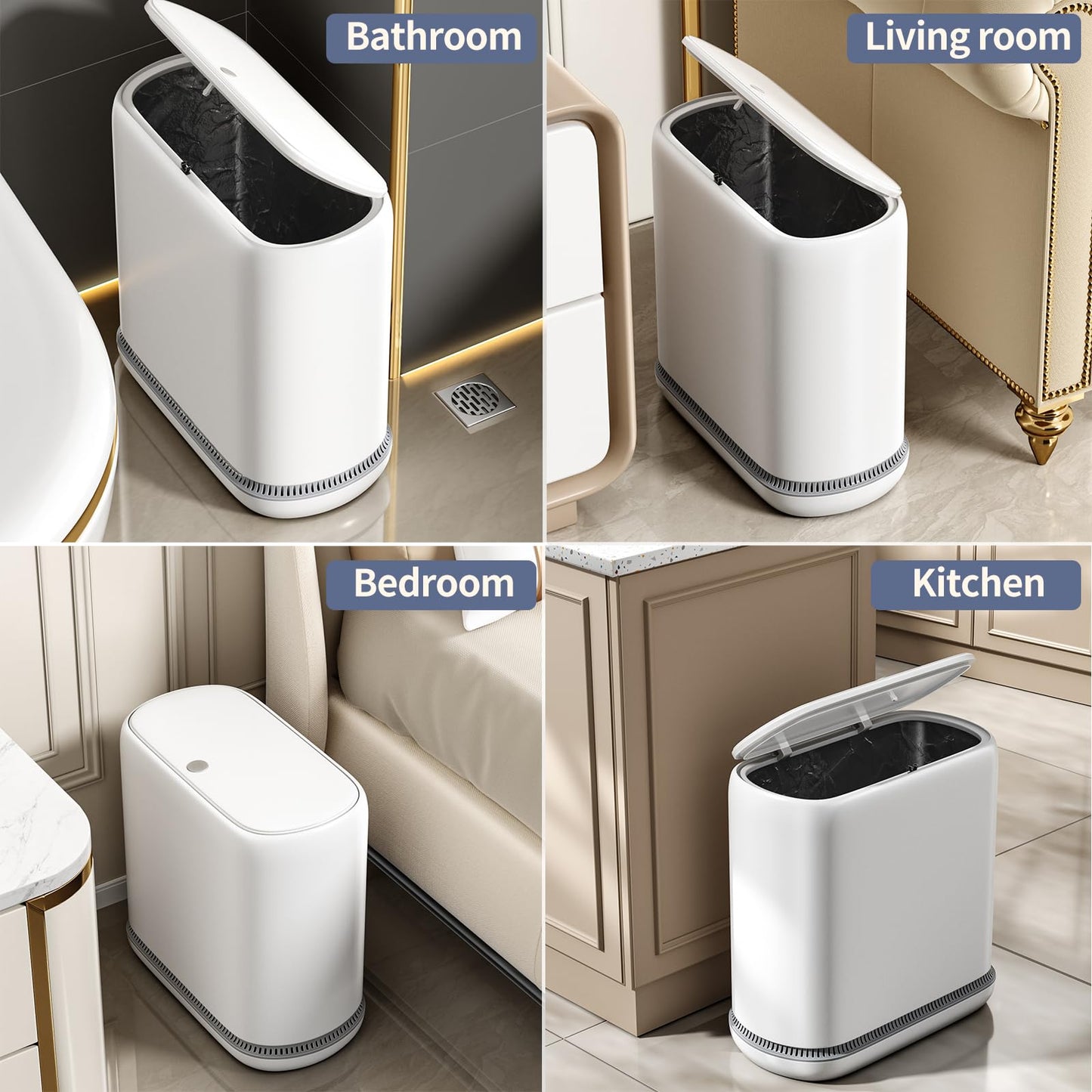 Bathroom Trash Can with Lid, 3 Gallon Small Slim Garbage Bin with Auto-Adsorption & 75 Bags (5 Rolls), Mini Waste Basket Dog Proof for Bathroom, Kitchen, Office, Bedroom, Laundry, Toilet, Rv, White