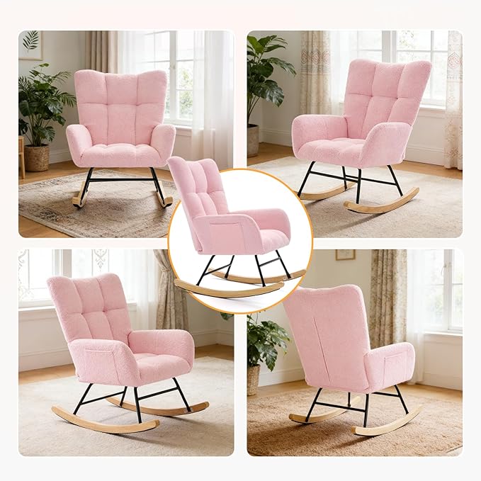 DUMOS Nursery Rocking Chair Teddy Upholstered, Comfy Glider Rocker