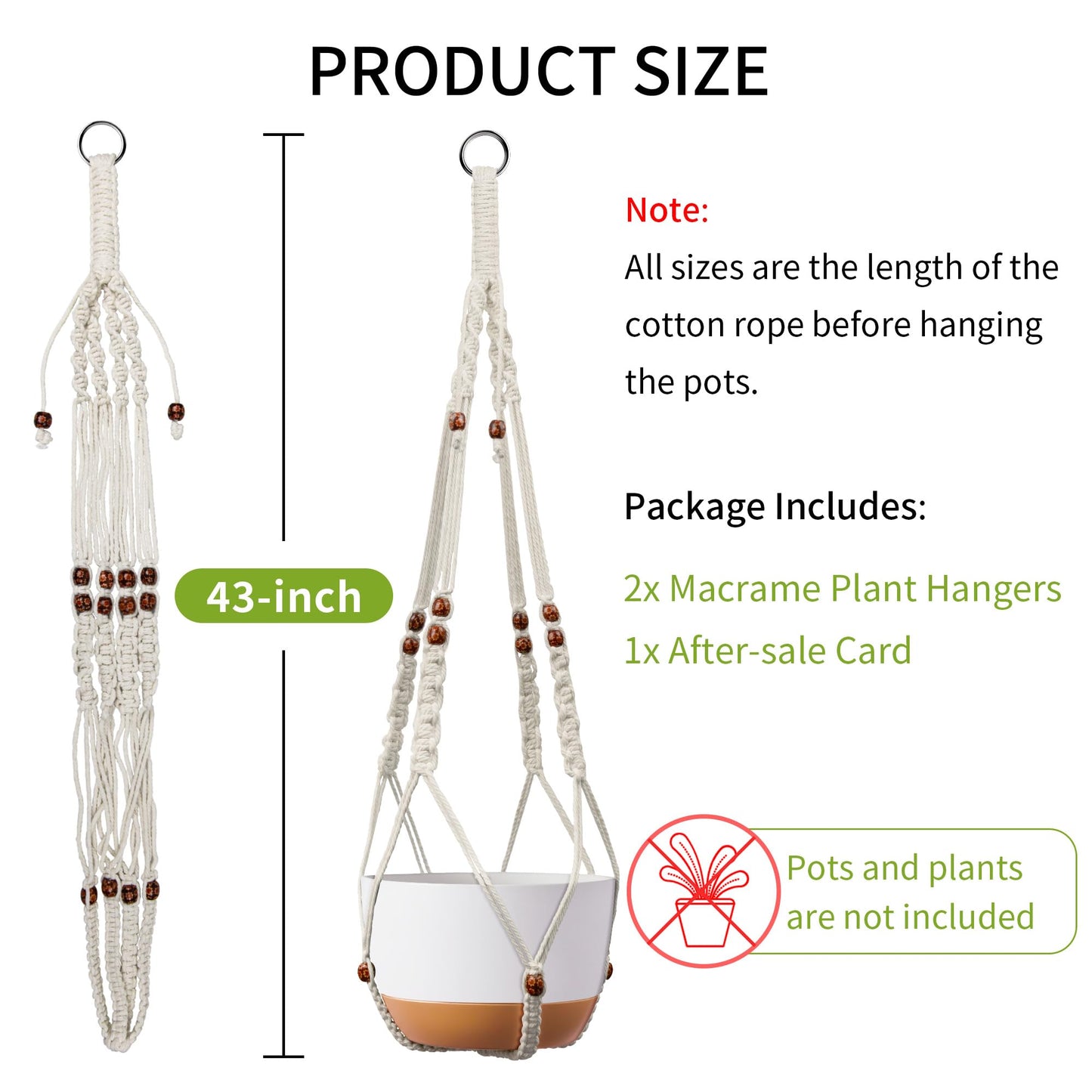 IDEEEPAN Macrame Plant Hanger - Fits 6 to 15 inches Pots for Indoor Outdoor, 43 Inch, Set of 2, Ivory (POTS NOT Included)