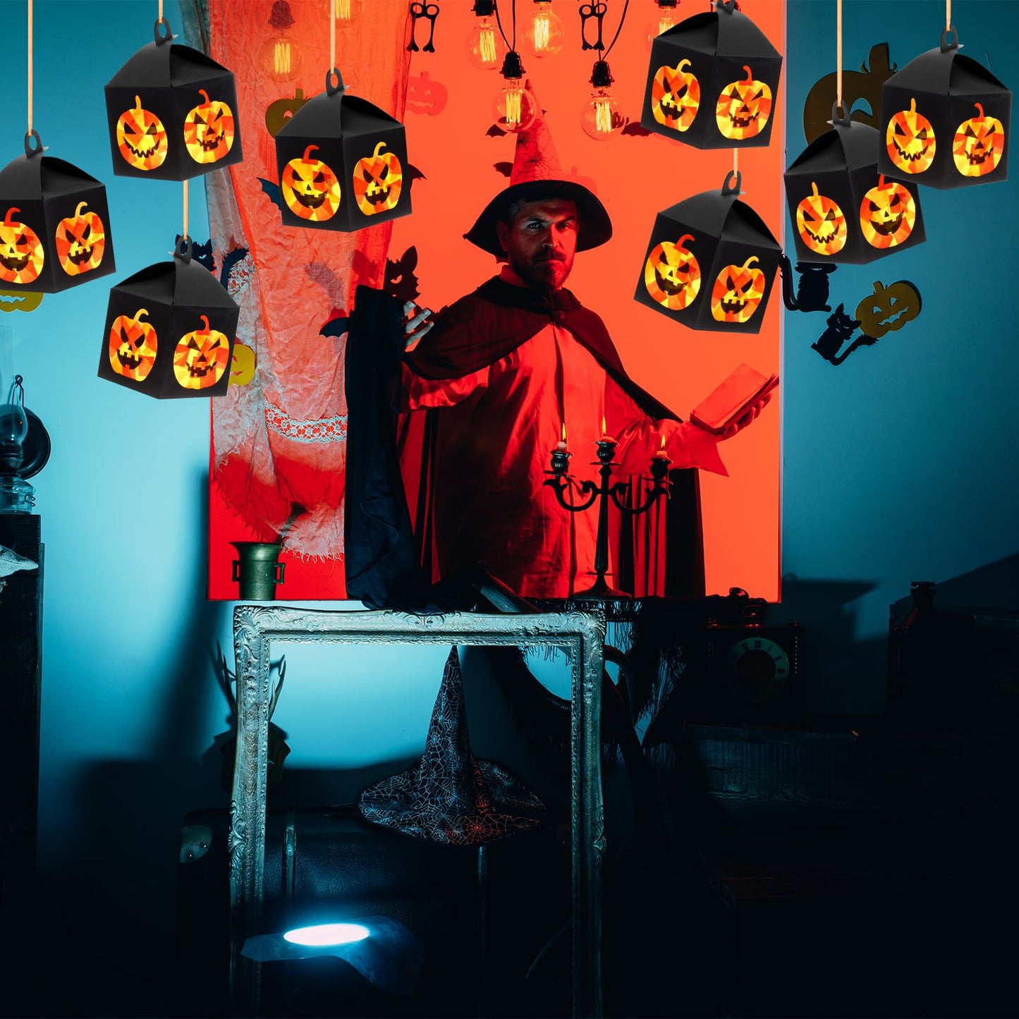 Simgoing 12 Sets Halloween Jack-O-Lantern Crafts with LED Candlelight Jack-o-Lantern Tissue Paper Crafts Kits DIY Pumpkin Suncatchers Lanterns Kits Hanging Spooky Supplies for Halloween Party Decors