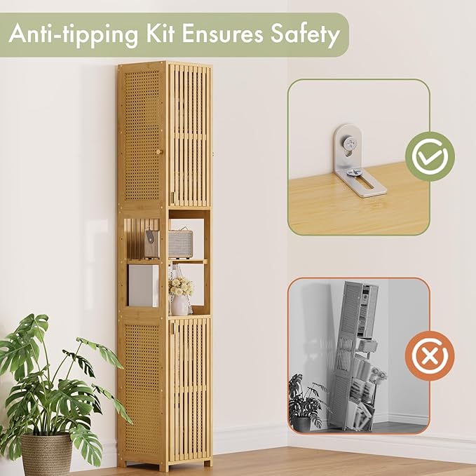 Amazer 70'' Tall Bathroom Storage Cabinet Bamboo, Narrow Storage Cabinet
