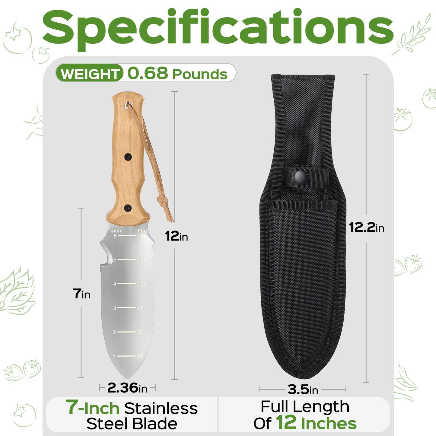 Garden Tools Trowel with EDC Sheath for Weeding Digging Planting, Gifts for Women Mom Her, Gardening Tools with 7" Stainless Steel Blade, Dual-Scale Measurement,Hanging Hole, Gifts for Men Dad Him