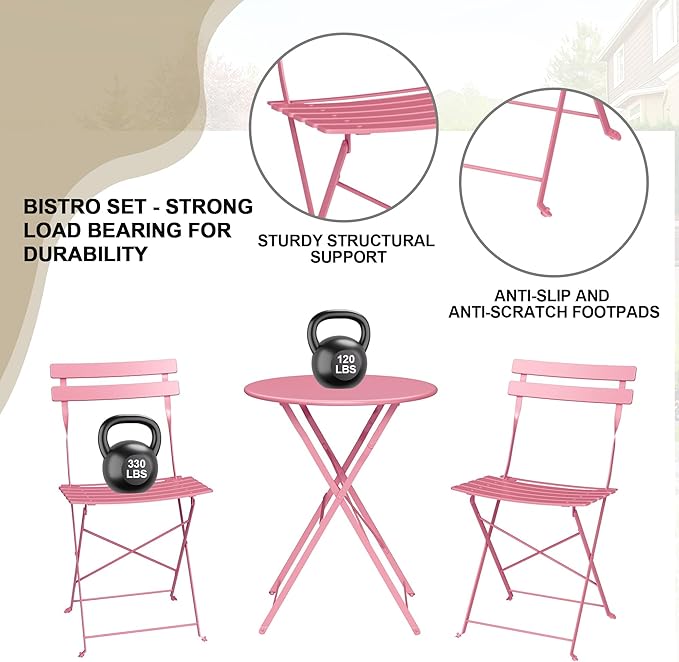 3-Piece Folding Bistro Set Outdoor Patio Furniture, Space-Saving Foldable