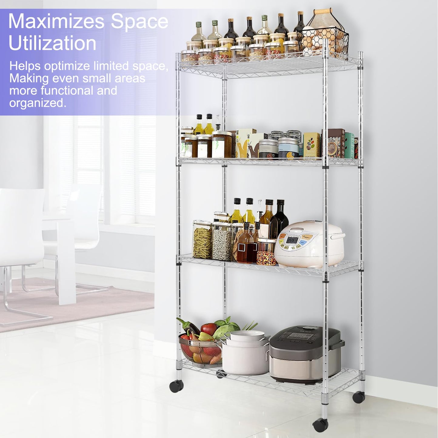Whitmor 4 Tier Storage Shelves, Heavy Duty with Wheels, Adjustable Steel Organizer Wire Rack, 400 lbs Capacity per Shelf, Max 1600 lbs Total for Garage, Kitchen, Plant, 36" L x 14" W x 54" H, Chrome