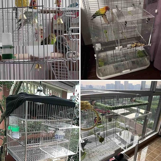 Hanging Cube Bird Bath Cage, Transparent Bird Bathtub Bath Shower with Stainless Steel Hooks for Small Bird Canary Parakeet Budgerigar Parrots Crested Myna Cockatiel Lovebird (Large)