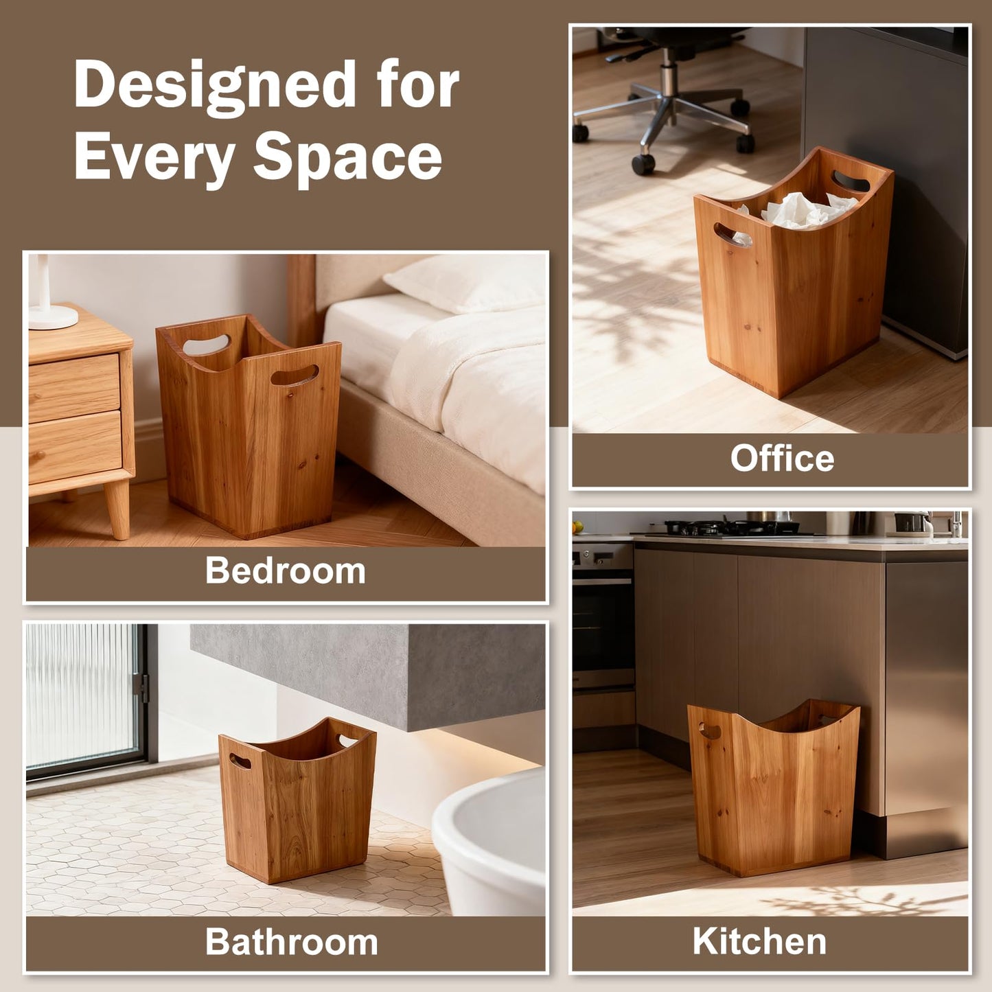 Tenavo 3 Gallons Wooden Bin Wastebasket, Small Trash Can, Decorative Bathroom Trash Can, Waste Basket for Bedroom, Office Garbage Can, Wood Bathroom Accessories