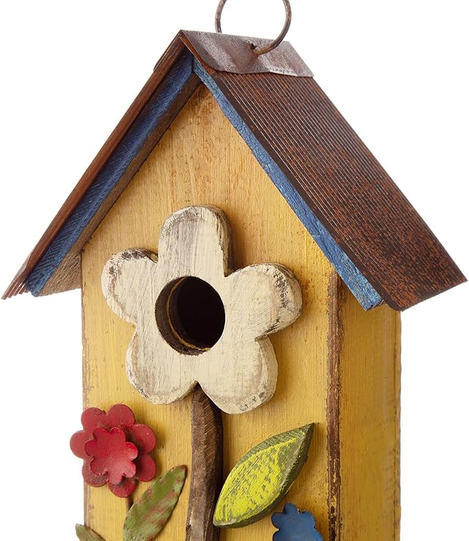 Glitzhome Bird Houses for Outside, 10.2" H Hanging Bird House for Outdoor Patio Garden Decorative Birdhouse Pet Cottage Distressed Wooden Birdhouse for Swallow Sparrow Finch Cardinals, Yellow Flower