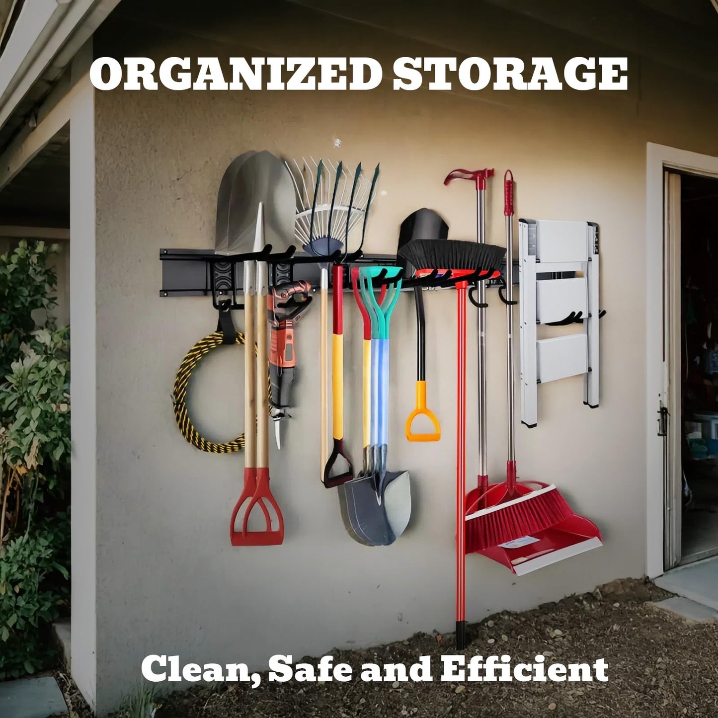 64" Heavy Duty Garage Storage Tool Organizer Wall Mount - Tool Rack with Adjustable Hooks, Anti-Rust, 300lbs Capacity - Easy Installation (4 Racks, 10 Hooks, 3 Straps)