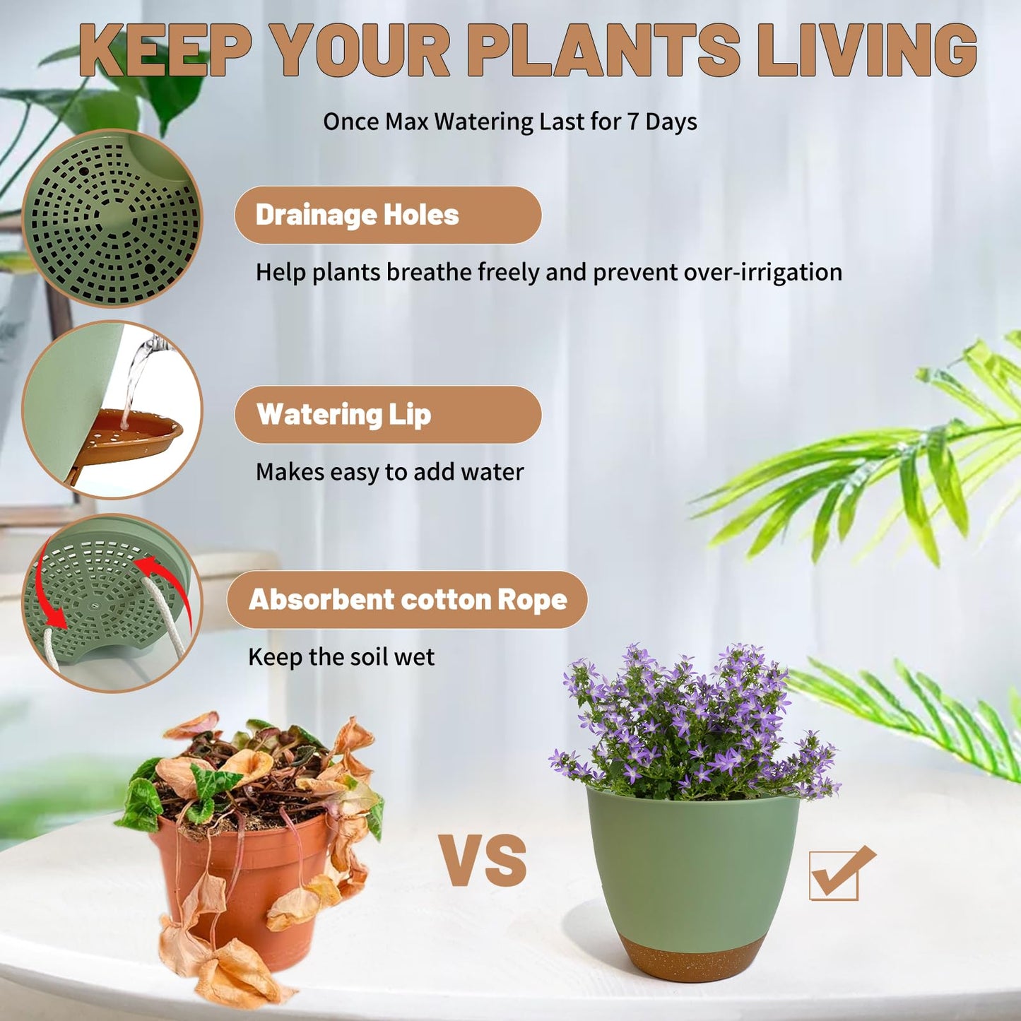 LIFFY Plant Pots, 8,7.5,7,6.5,6,5.5,5 Inch Plastic Self Watering Planters with Drainage Holes & Saucers, 7-Pack Green Nursery Planting Pot with Deep Reservoir for Indoor Outdoor Plants