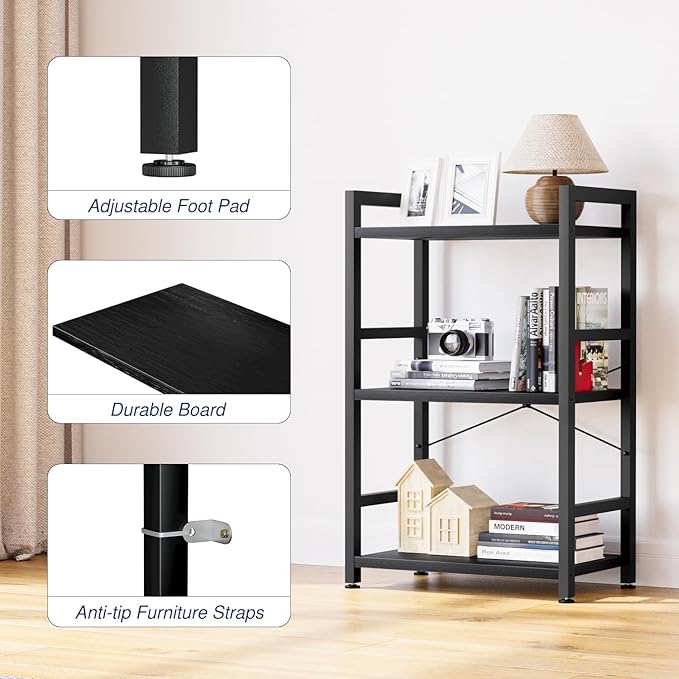 NUMENN 3 Tier Slim Bookshelf, Bookcase Shelf Storage Organizer, Modern Book