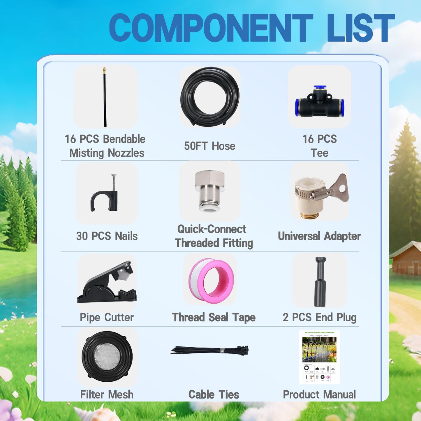 360° Adjustable Drip Irrigation System - 50FT 15/32inch Hose, High Water Flow,No Drying Out,Garden Watering Atomizing System with 16 Copper Nozzles,Suitable for Gardens, patios, Plants, Farms
