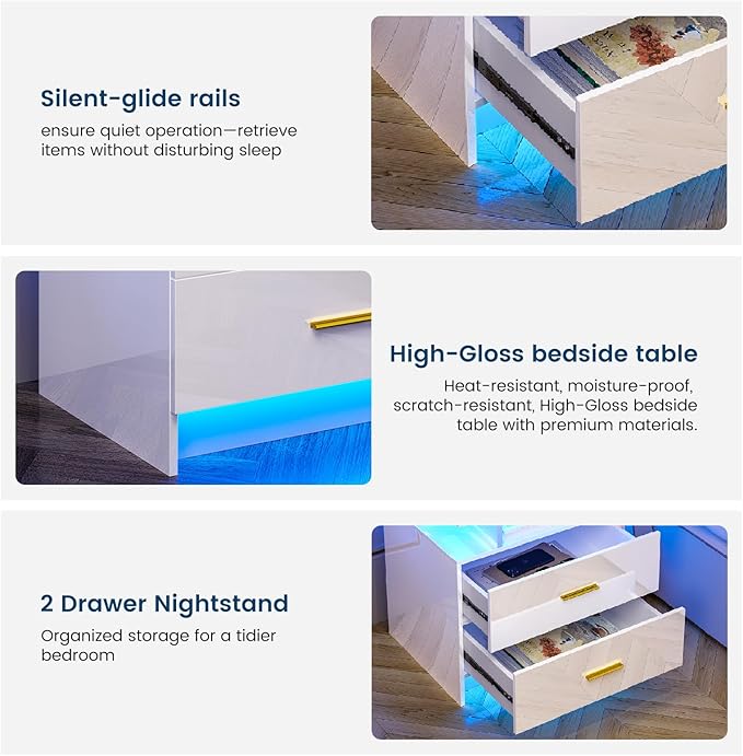 HNEBC Auto LED Nightstand with Wireless Charging Station & USB Ports, High