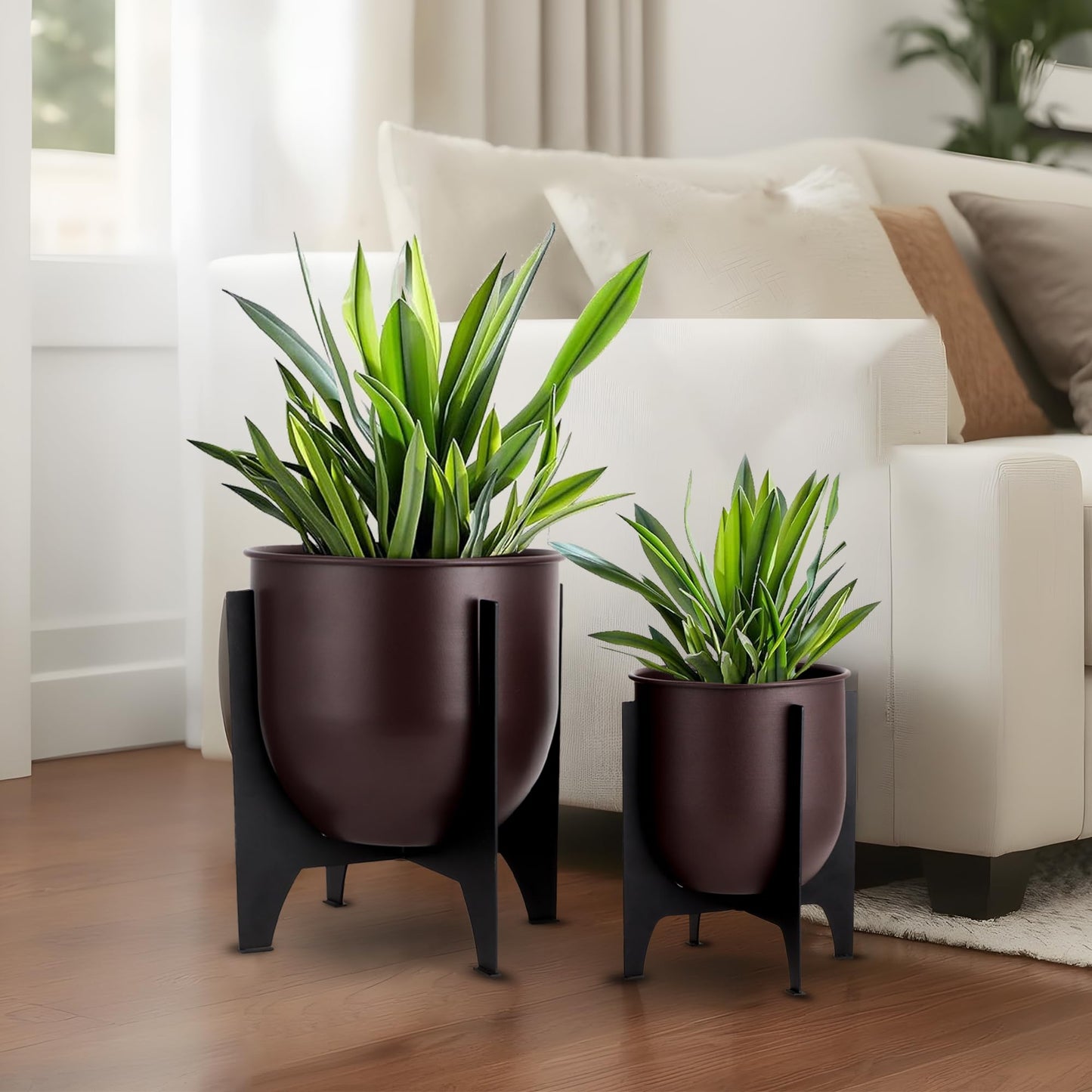 TRIROCKS Set of 2 Planters with Stand Indoor Outdoor Metal Plant Stand 16 &8" H Modern Planters Flower Pots for Living Room Corner Kitchen Office Garden Balcony Patio Decor