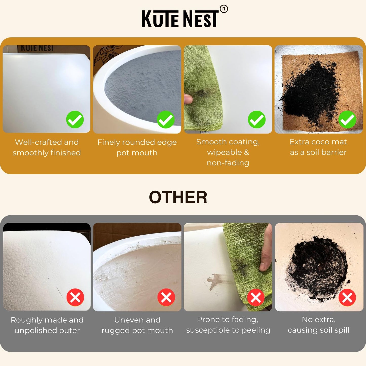 KUTE NEST 9.7"H x 12"D Premium Red Fiberstone Round Planter with Drainage Hole, Chinese & Lunar New Year Home Decor Pot, Smooth Finish, Weather Resistant Indoor & Outdoor, 2 Coco Mats (7.8" Opening)
