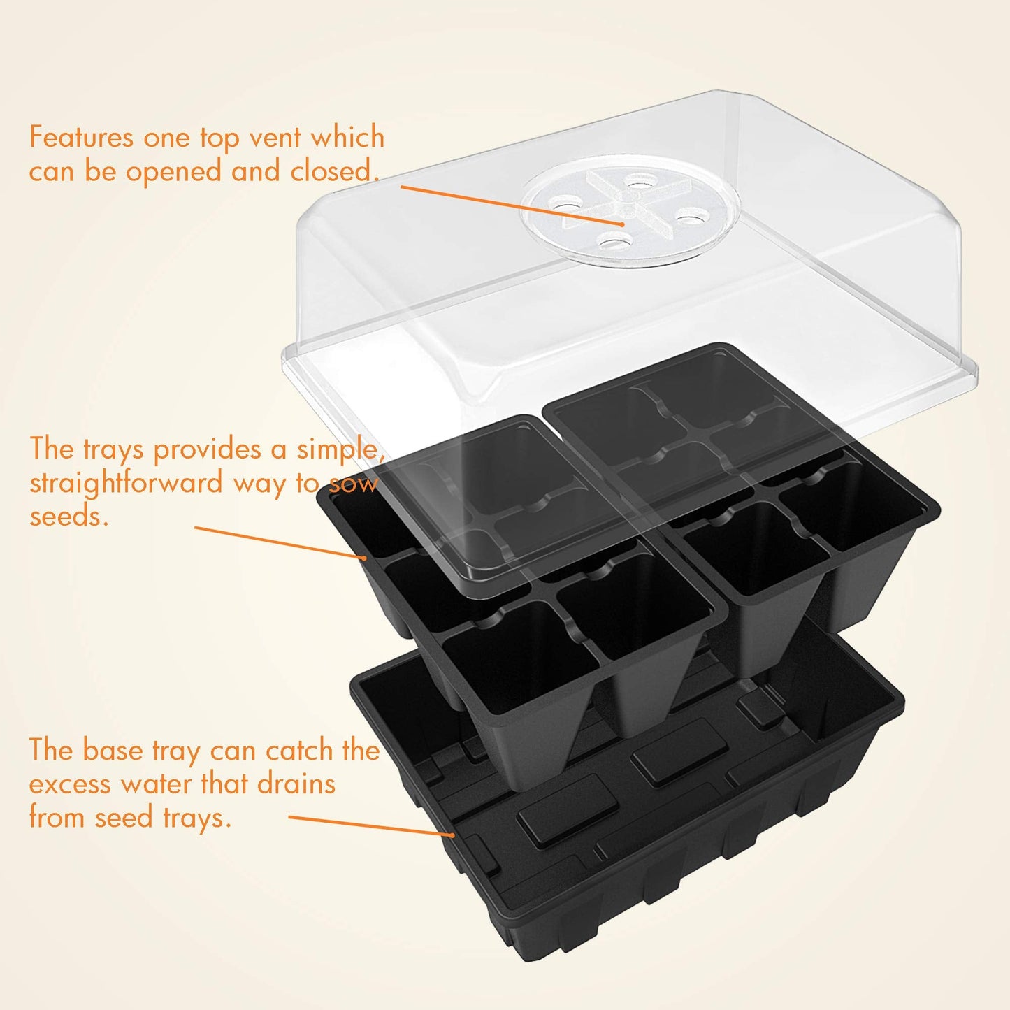 Gardzen 10 Pack Seed Starting Tray, Plant Germination Trays, Seed Starter Kit with Adjustable Humidity Vented Dome, Plant Growing Kit 6.6" x 4.5", Total 120-Cell, Black