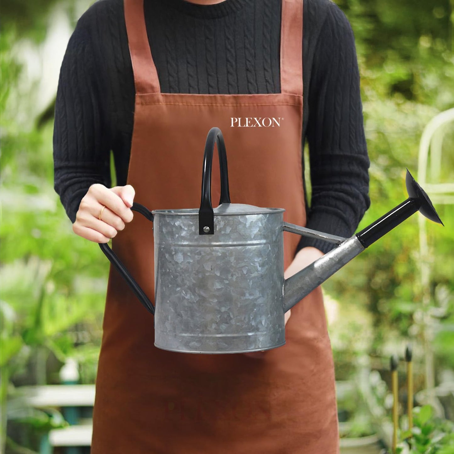 Plexon Metal Watering Can Outdoor 1 Gallon, Flower Plant Gardening Garden Large Galvanized Watering Can Pot Pitcher, Steel Black Handles and Removable Spray Spout