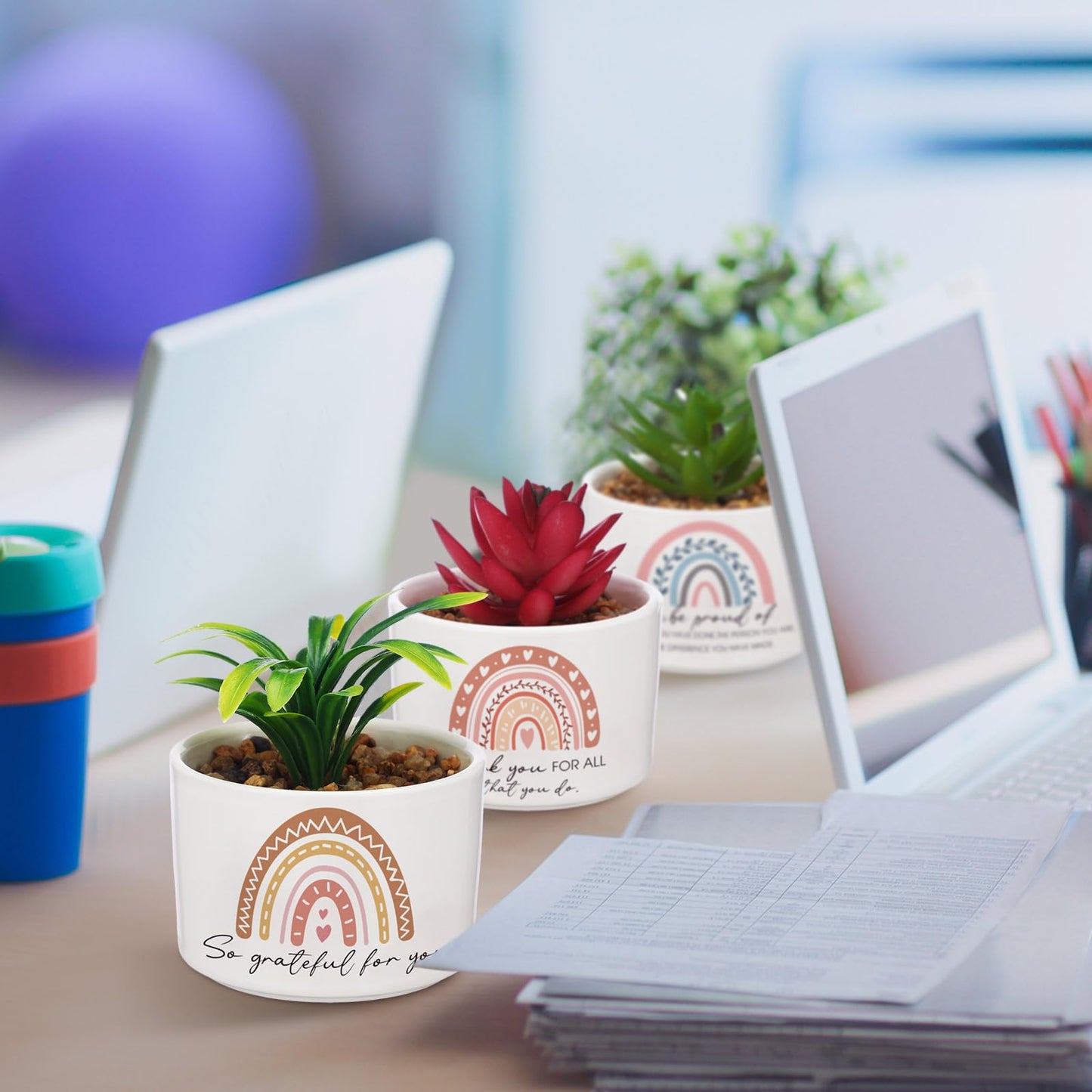 Tioncy 9 Pcs Thank You Rainbow Succulent Pots with Artificial Plants for Coworker Gifts Employee Appreciation Gift Ceramic Funny Rainbow Pots for Coworker Planter Teacher Volunteer Nurse Birthday Gift