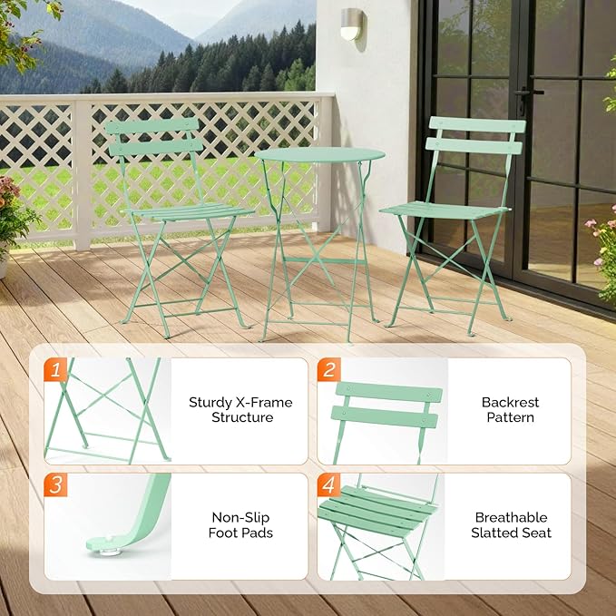 VINGLI Outdoor Folding Bistro Table and Chairs Set of 2, 3-Piece Bistro Set