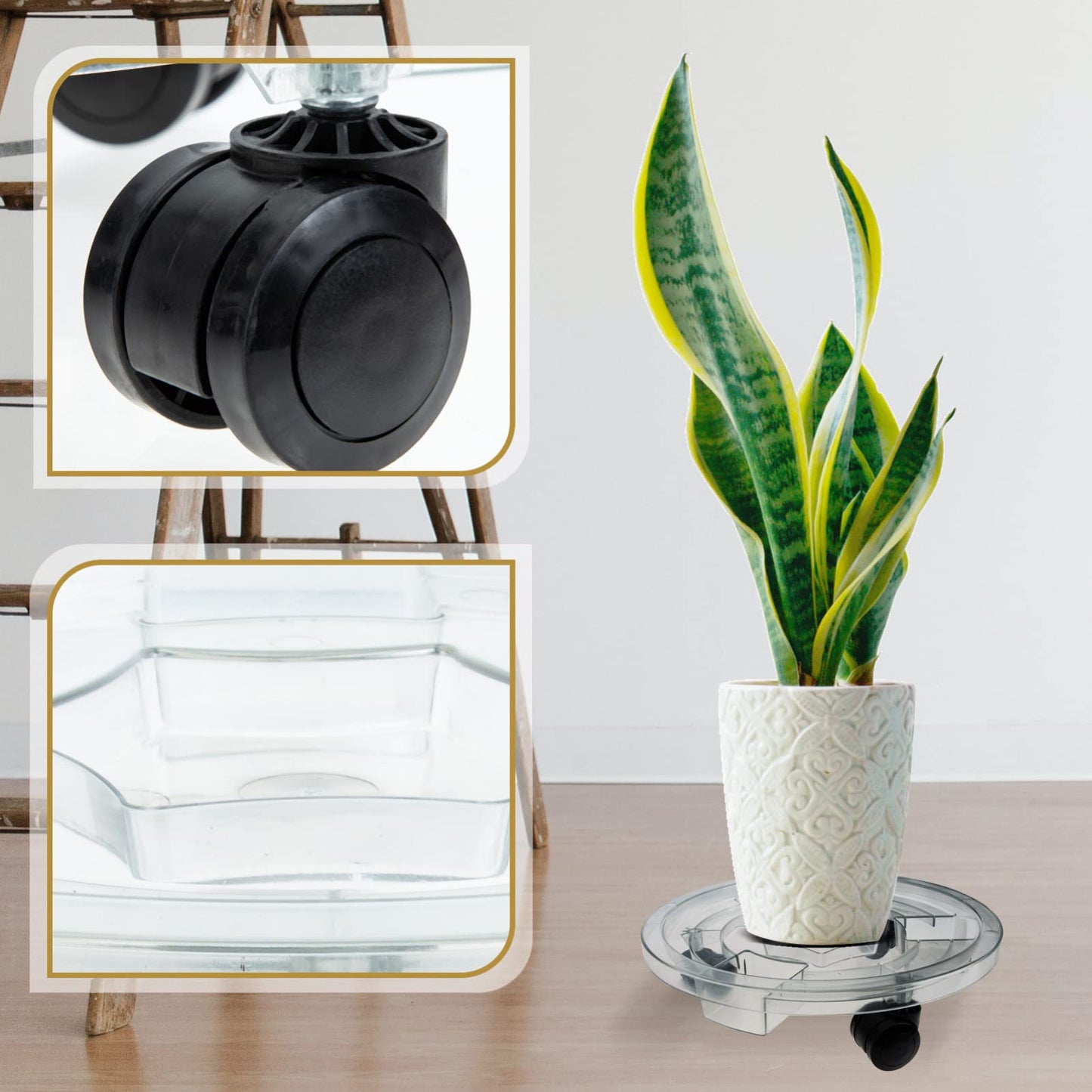 LIFKOME Plant Stand with Wheels Plastic Plant Caddy Round Potted Plant Stand on Wheels Dolly Trolley Saucer Tray Pallet with Universal Wheels for Indoor Outdoor Home Garden Clear