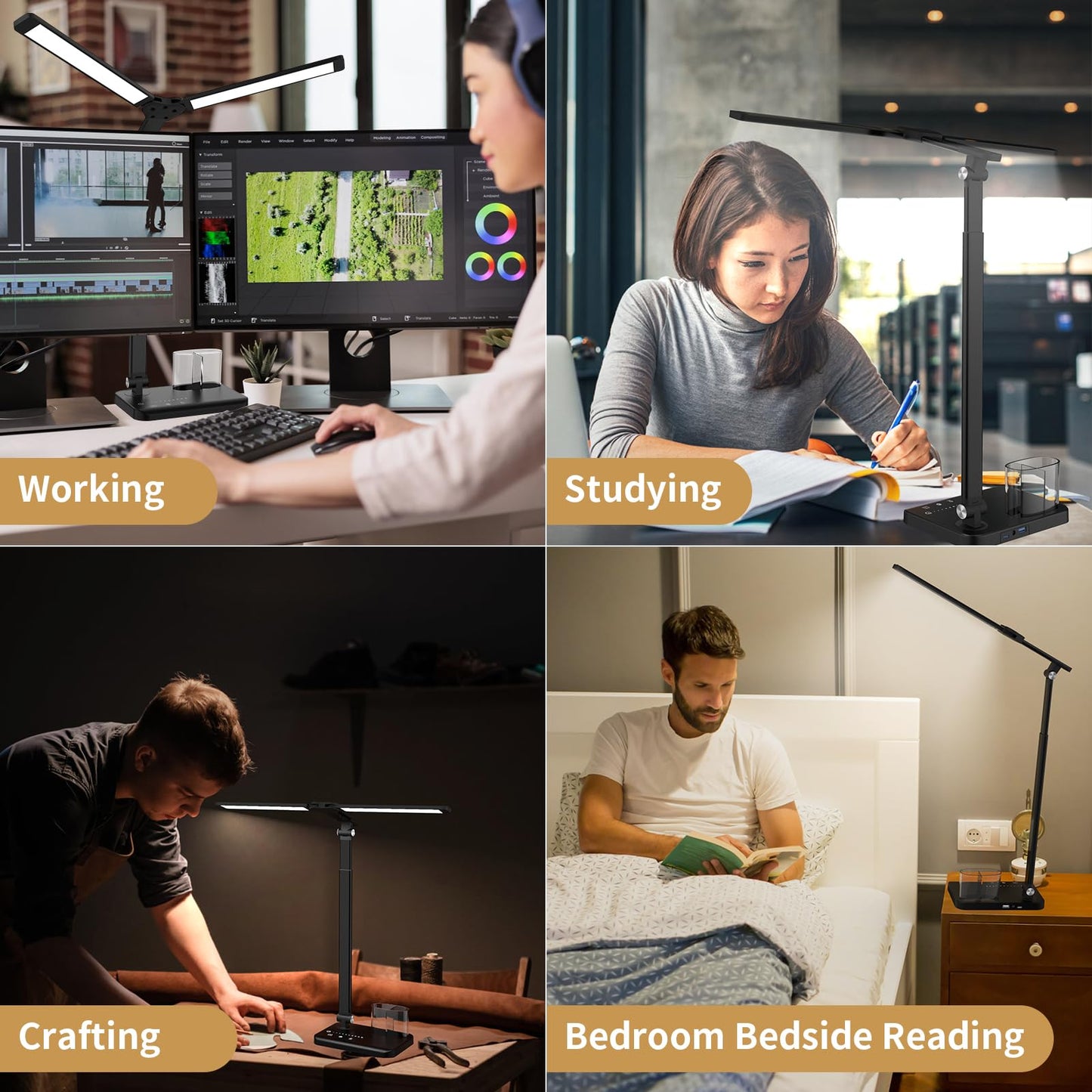 Woputne LED Desk Lamp, Dual Heads, Height Adjustable, USB Charging Port, 5 Light Modes & Dimmable Brightness, Bedside Lamp for Reading, Craft, Work, Study (Black, 15W)
