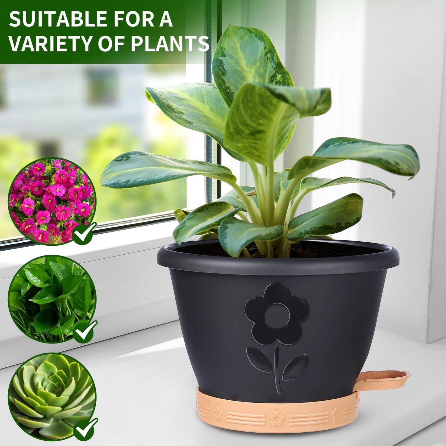 XMPBFYH Plant Pots, Flower Pots for Indoor/Outdoor Plants, Self Watering Plastic Planters Pots with Drainage Holes, Saucer & Reservoir, Decorative Nursery Planting Pots(10 Inch Set of 4) (Black)