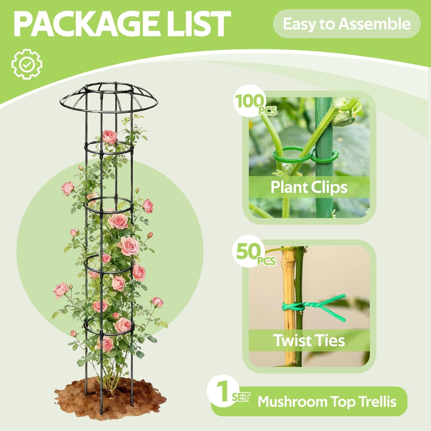 Jesosia Garden Trellis for Climbing Plants Outdoor - Unique Umbrella Top Round Trellis for Indoor Potted Plant - 64" Tall Rustproof PE Coated Metal Pipe Obelisk Support Ivy Vine Rose Grape Vegetable